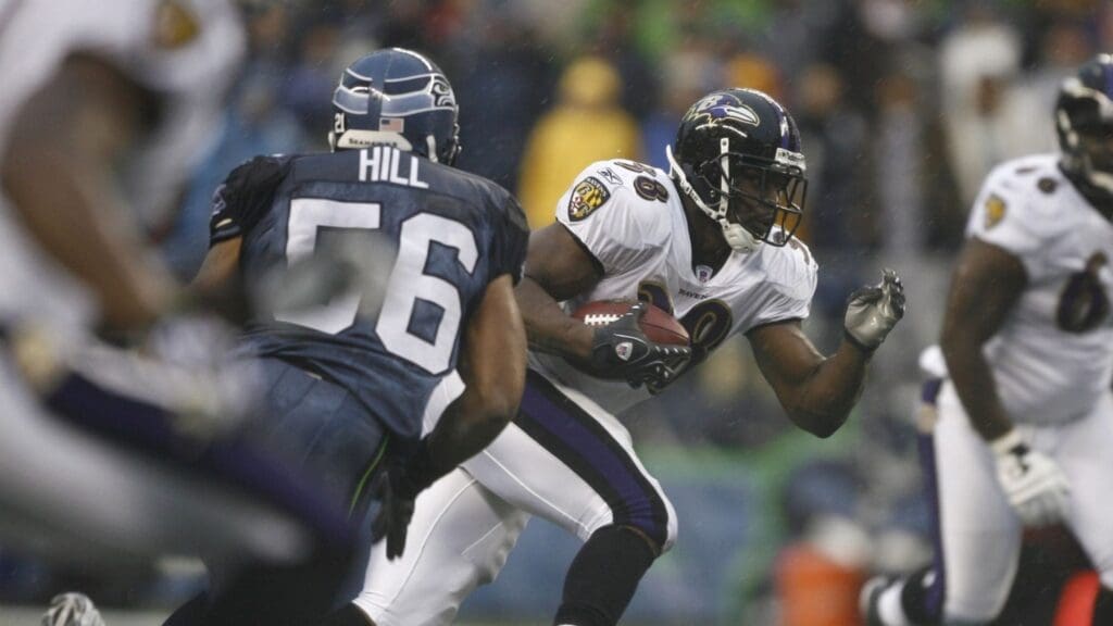 Dec 23, 2007; Seattle, WA, USA; Baltimore Ravens running back Mike Anderson (38) runs for yardage after making a reception against the Seattle Seahawks in the second quarter at Qwest Field