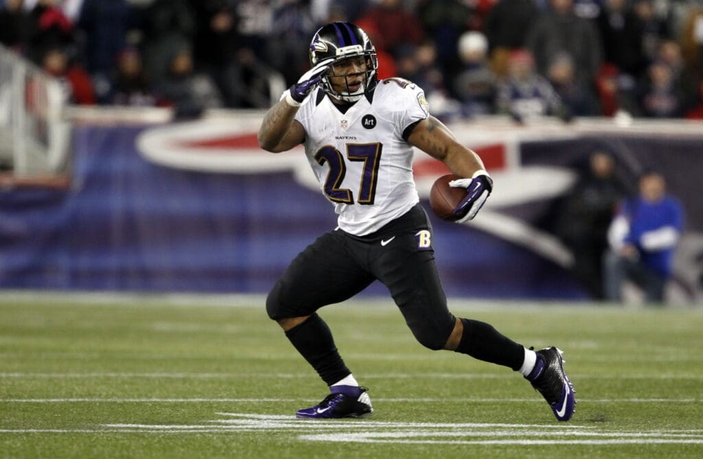 Jan 20, 2013; Foxboro, MA, USA; Baltimore Ravens running back Ray Rice (27) runs against the New England Patriots during the second quarter of the AFC championship game at Gillette Stadium.