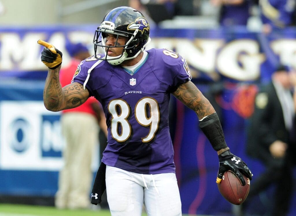 Oct 2, 2016; Baltimore, MD, USA; Baltimore Ravens wide receiver Steve Smith, Sr. (89) reacts after scoring a touchdown in the fourth quarter against the Oakland Raiders at M&T Bank Stadium.