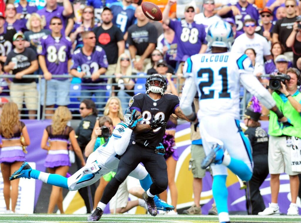 Sep 28, 2014; Baltimore, MD, USA; Baltimore Ravens wide receiver Steve Smith, Sr. (89) catches a touchdown pass in the second quarter against the Carolina Panthers at M&T Bank Stadium.