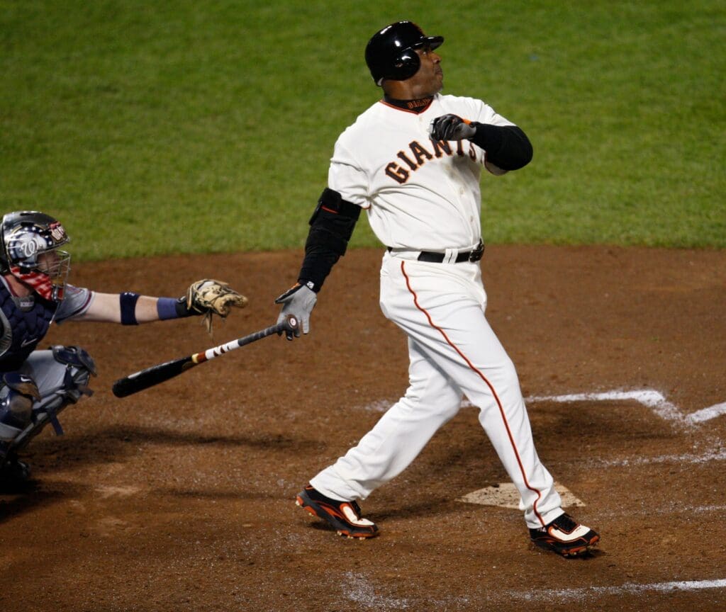 Barry Bonds hits home run number 756 off Nationals pitcher Mike Bacsik breaking Hank Aaron's all-time career home run record of 755 on Aug. 7, 2007.