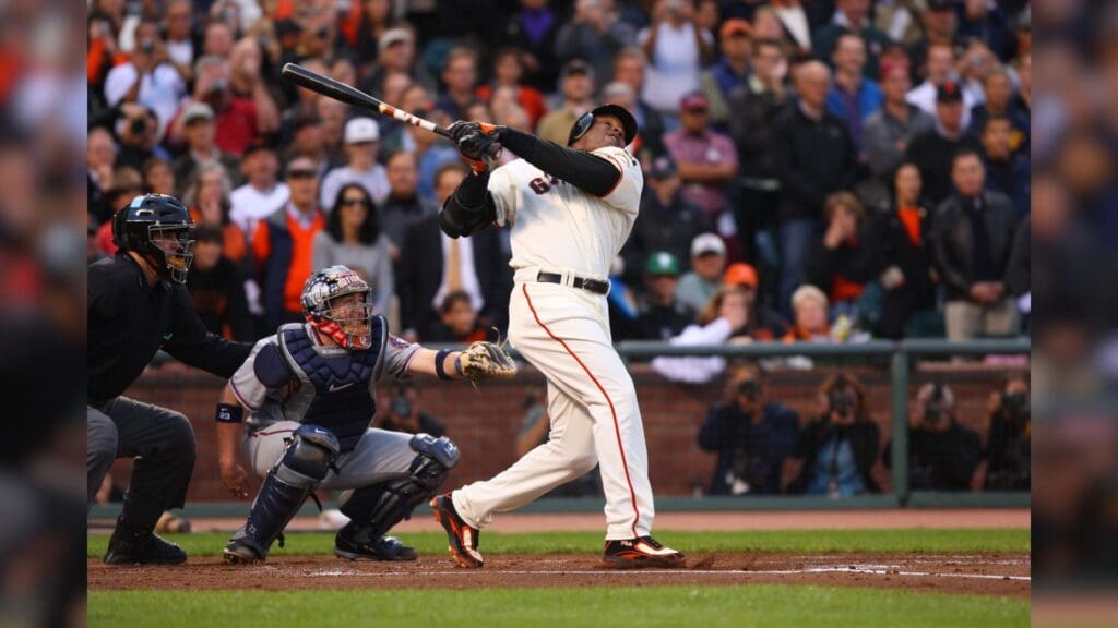Aug 6, 2007; San Francisco, CA, USA; San Francisco Giants left fielder Barry Bonds (25) flies out during the first inning against the Washington Nationals at AT&T Park in San Francisco, CA.