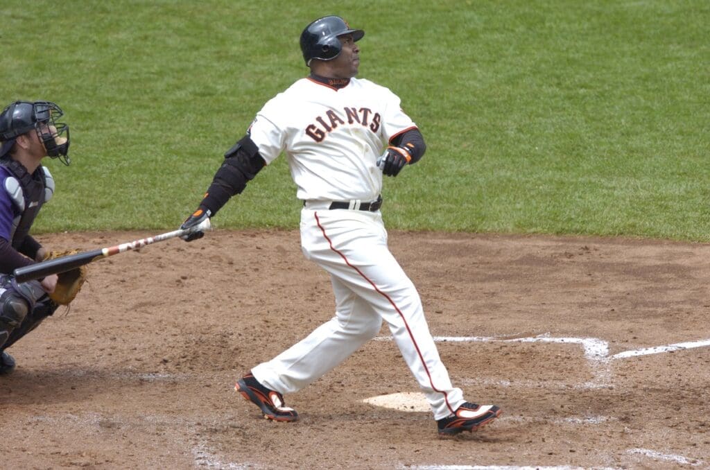 May 27, 2007; San Francisco, CA, USA; San Francisco Giants left fielder Barry Bonds (25) hits his 746th homerun off of Colorado Rockies starting pitcher Taylor Buchholz (not pictured) during the 6th inning at AT&T Park in San Francisco, CA.