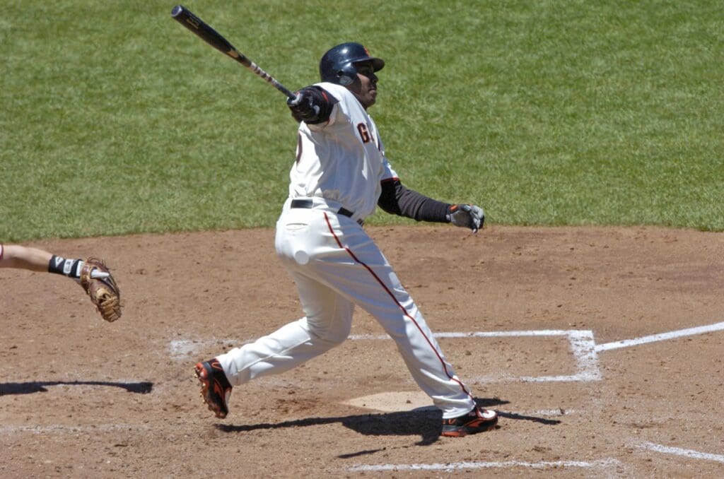 July 1, 2007; San Francisco, CA, USA; San Francisco Giants left fielder Barry Bonds (25) hits a two-run RBI-double during the 5th inning against the Arizona Diamondbacks at AT&T Park in San Francisco, CA. The Giants defeated the Diamondbacks 13-0.