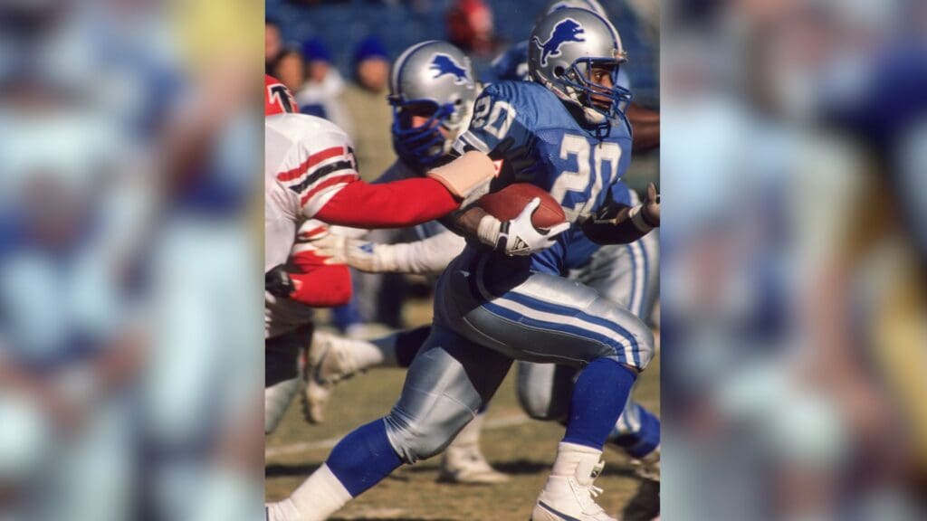 Dec 24, 1989; Atlanta, GA, USA; FILE PHOTO; Detroit Lions running back Barry Sanders (20) in action against the Atlanta Falcons at Atlanta-Fulton County Stadium