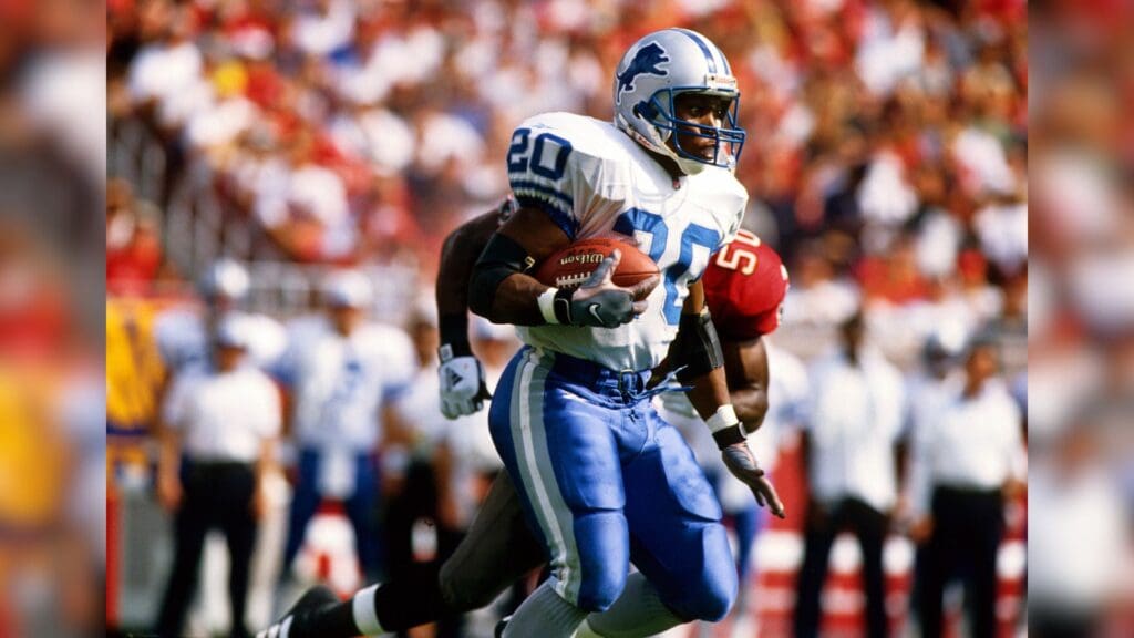 Nov 22, 1998; Tampa, FL, USA; FILE PHOTO; Detroit Lions running back Barry Sanders in action against the Tampa Bay Buccaneers at Raymond James Stadium.
