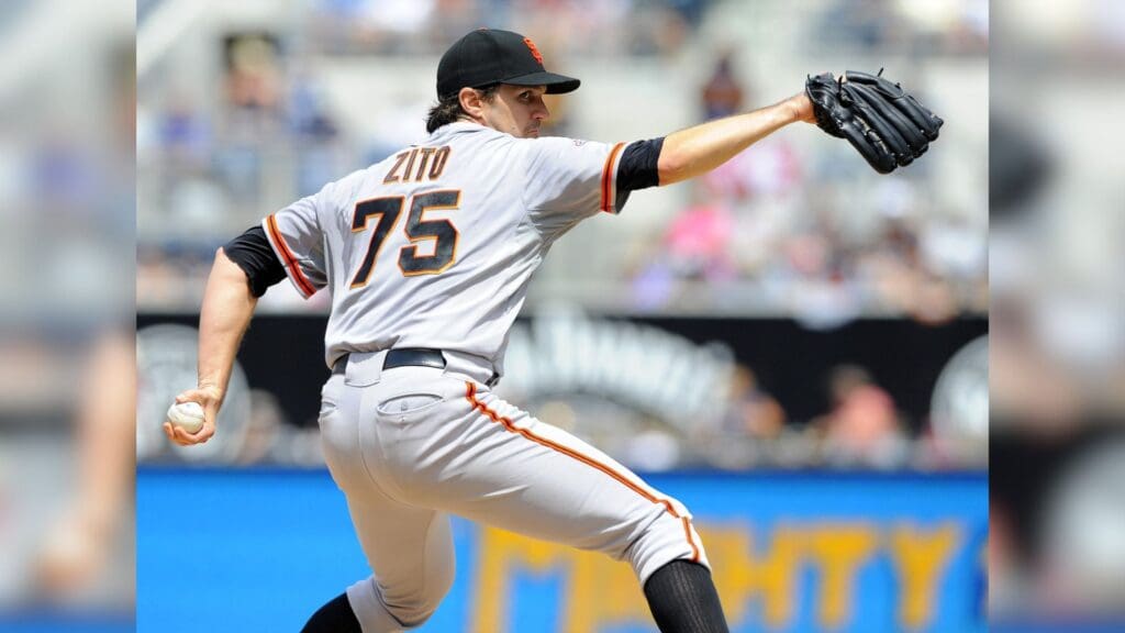 Sep 2, 2013; San Diego, CA, USA; San Francisco Giants starting pitcher Barry Zito (75) throws during the second inning against the San Diego Padres at Petco Park.