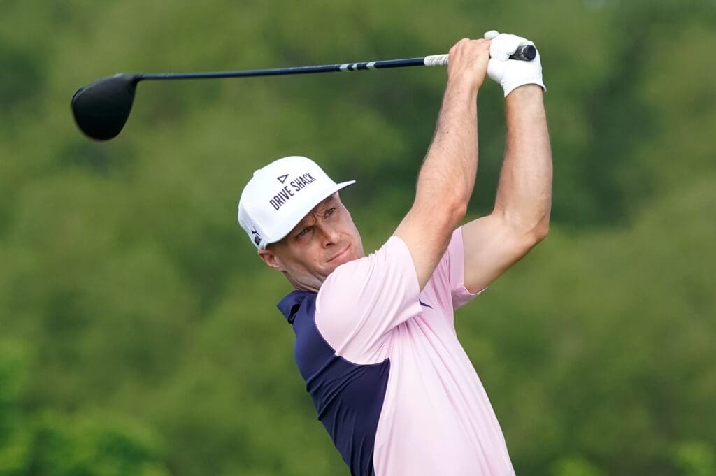 May 9, 2019; Dallas, TX, USA; Ben Crane plays his shot from the 11th tee during the first round of the AT&T Byron Nelson golf tournament at Trinity Forest Golf Club.