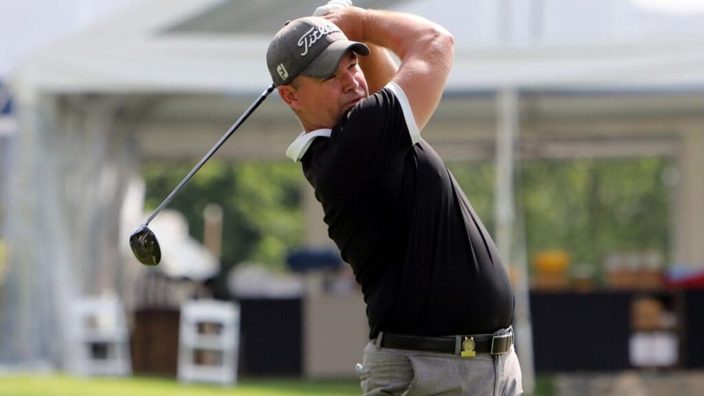 Ben Hogan of Wellington, Ohio tees off on the seventh hole at Fenway Golf Club during the second round of stroke play at the U.S. Mid-Amateur Championship Sept. 11, 2023 in Scarsdale, N.Y.