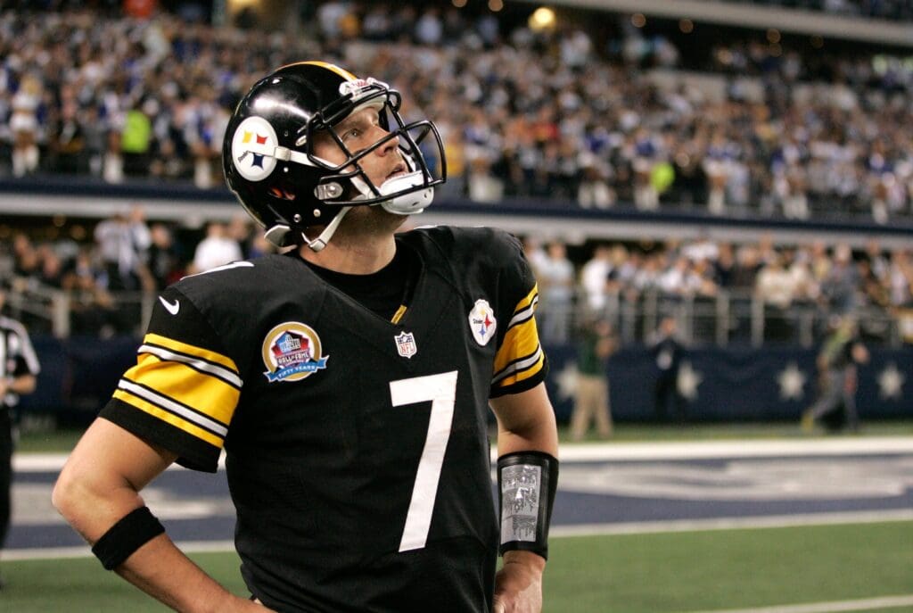 Dec 16, 2012; Arlington, TX, USA; Pittsburgh Steelers quarterback Ben Roethlisberger (7) reacts to throwing an interception in overtime against the Dallas Cowboys at Cowboys Stadium. The Cowboys won 27-24 in overtime.