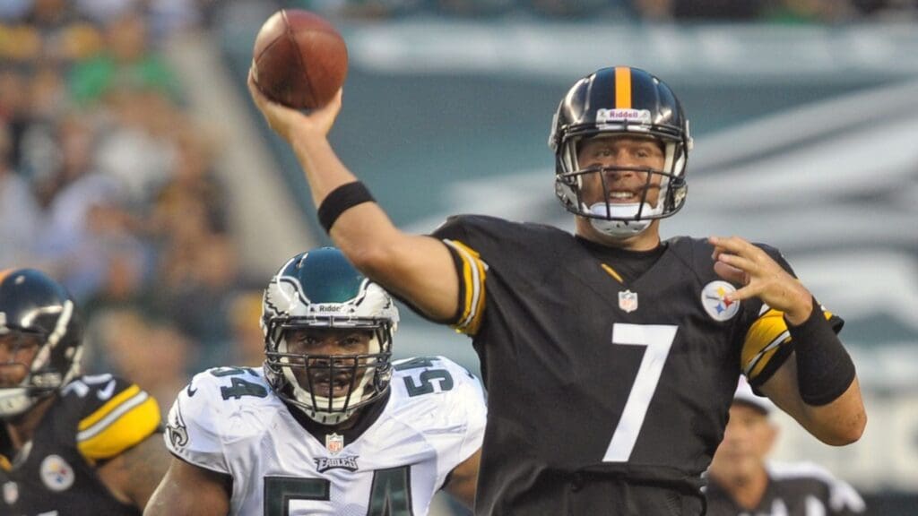 August 9, 2012; Philadelphia, PA USA; Pittsburgh Steelers quarterback Ben Roethlisberger (7) throws a pass under pressure by Philadelphia Eagles defensive end Brandon Graham (54) during 1st quarter of game at Lincoln Financial Field in Philadelphia.