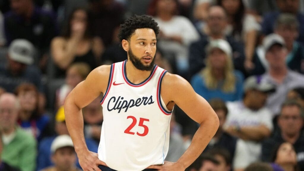 Apr 11, 2025; Sacramento, California, USA; Los Angeles Clippers guard Ben Simmons (25) during the third quarter against the Sacramento Kings at Golden 1 Center.