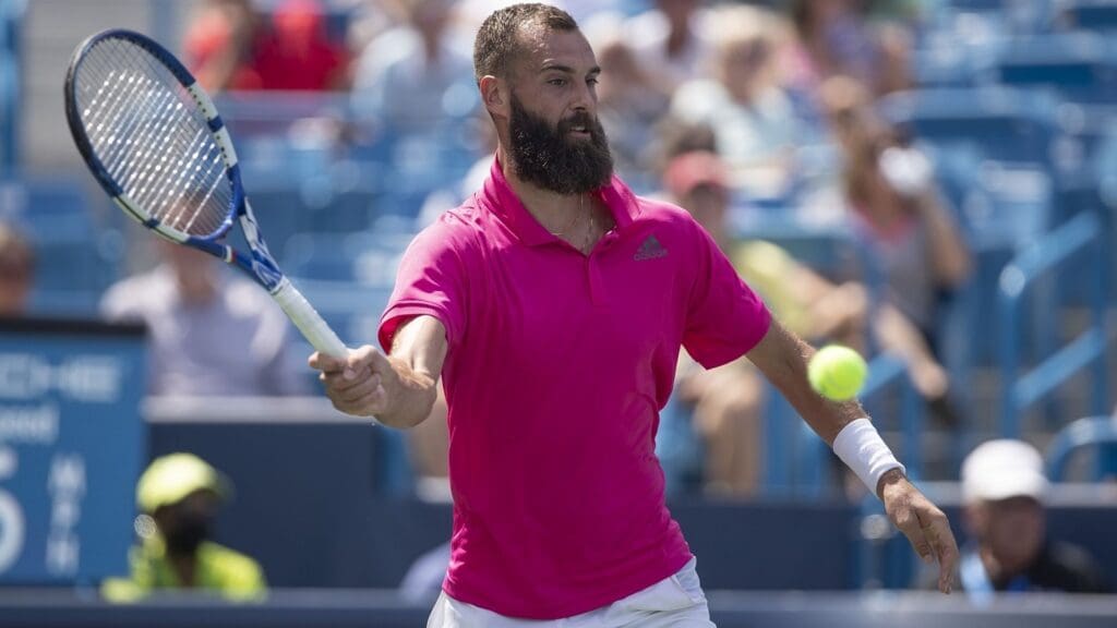 Aug 20, 2021; Mason, OH, USA; Benoit Paire (FRA) returns a shot during his match against Andrey Rublev (RUS not pictured) during the Western and Southern Open at the Lindner Family Tennis Center.
