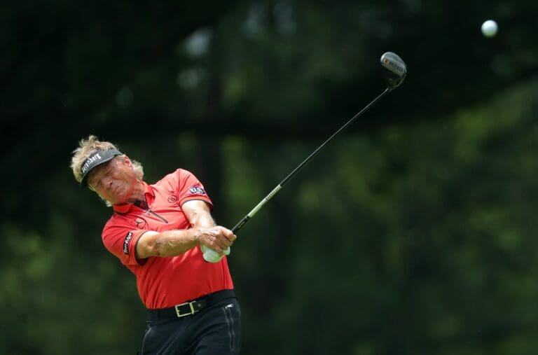 Bernhard Langer of Germany sends his ball down the No. 3 fairway during the first round of the 2025 Kaulig Companies Championship at Firestone Country Club, Thursday, June 19, 2025, in Akron, Ohio