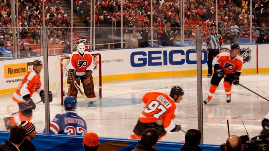 Bernet Parent in goal for the Philadelphia Flyers during the 2012 NHL Winter Classic Alumni Game against the New York Rangers alumni at Citizens Bank Park in Philadelphia on December 31, 2011