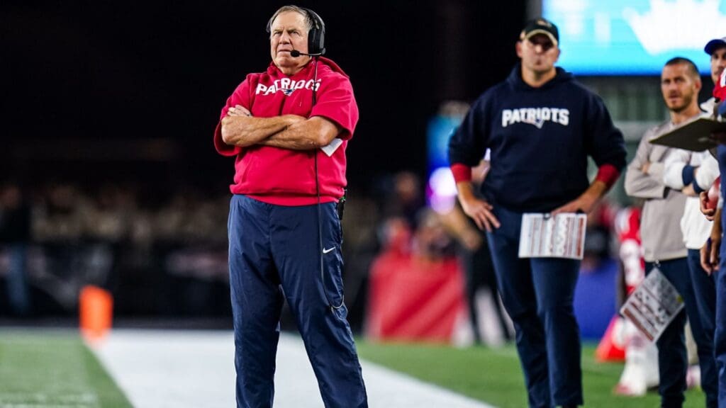 Sep 17, 2023; Foxborough, Massachusetts, USA; New England Patriots head coach Bill Belichick watches from the sideline as they take on the Miami Dolphins at Gillette Stadium.