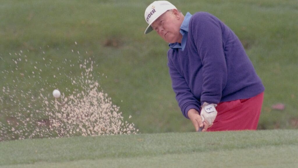 04/05/1989; Augusta, Georgia USA; Billy Casper chips the ball out of a bunker toward the green at the Augusta National Golf Course during the 1989 Masters. 