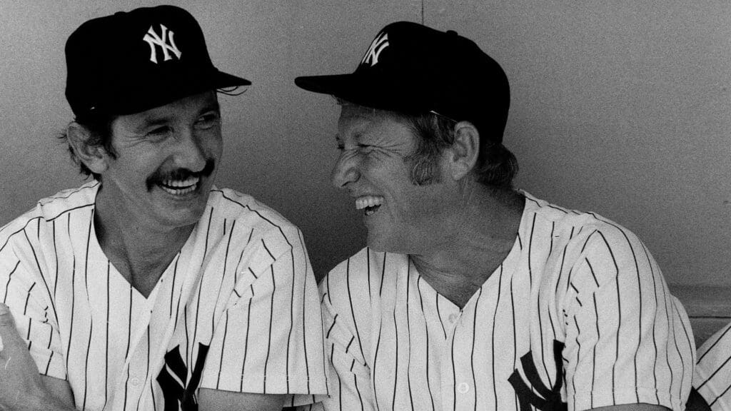 August 2, 1975; New York, NY, USA; Coach Billy Martin, with former New York Yankee Mickey Mantle in the the dugout at the New York Yankees Old-Timers' Day game at Yankee Stadium in New York City on August 2, 1975