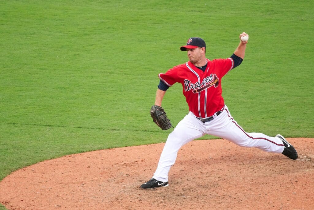 July 18, 2010; Atlanta, GA, USA; Atlanta Braves pitcher Billy Wagner (13) pitches against the Milwaukee Brewers in the ninth inning at Turner Field. The Braves defeated the Brewers 11-6.