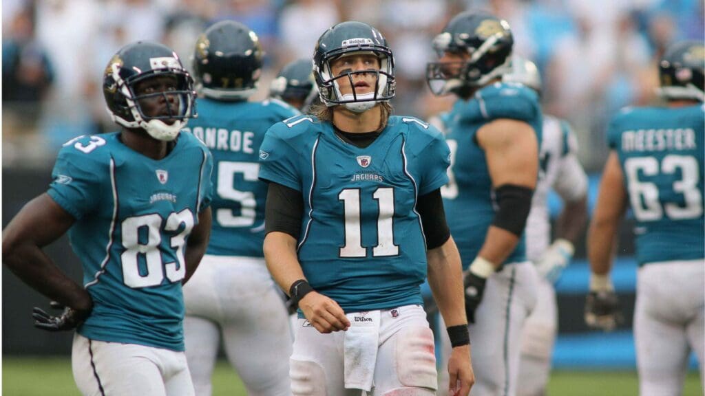Sep 25, 2011; Charlotte, NC, USA; Jacksonville Jaguars quarterback Blaine Gabbert (11) watches the replay after a penalty in the fourth quarter against the Carolina Panthers at Bank of America Stadium. The Panthers defeated the Jaguars 16-10