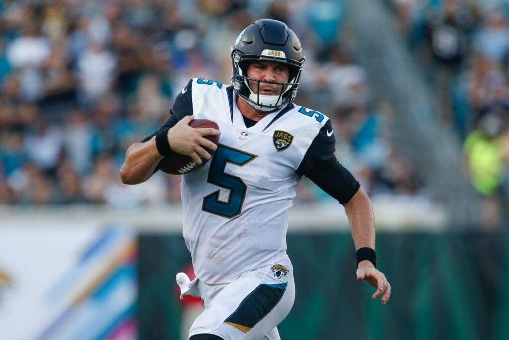 Oct 15, 2017; Jacksonville, FL, USA; Jacksonville Jaguars quarterback Blake Bortles (5) runs the ball during the second half of a football game against the Los Angeles Rams at EverBank Field.