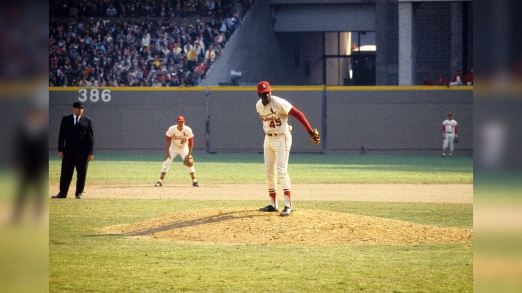 Oct 1968; St. Louis, MO, USA; FILE PHOTO; St. Louis Cardinals pitcher Bob Gibson (45) on the mound during the 1968 season at Busch Memorial Stadium.