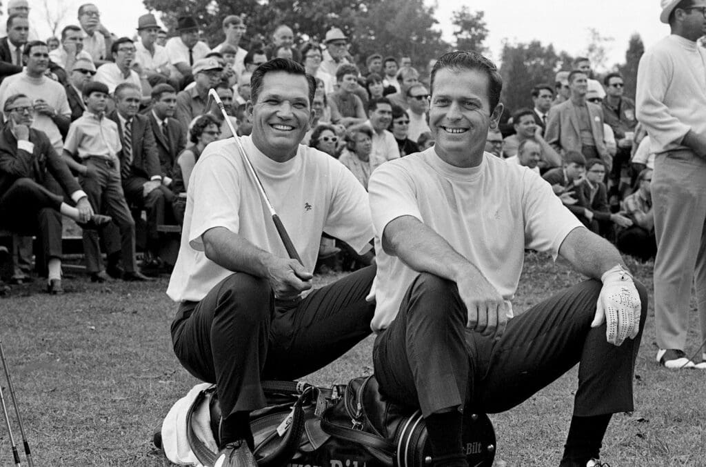 Master Champion Bob Goalby, left, and Bobby Nichols enjoy one of the many light moments, a free golf clinic, of the pre-Music City U.S.A. Pro-Celebrity Golf tournament Oct. 11, 1968 at the Harpeth Hills golf course. The clinic featured the tour pros demonstrating the proper use of every club in the bag. 68 Music City Golf 17