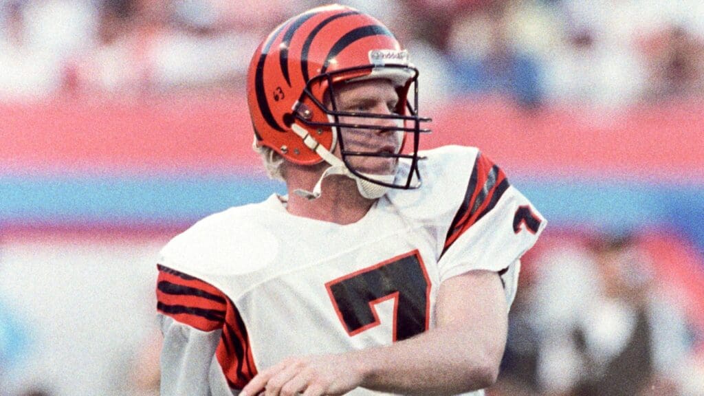 Jan 22, 1989; Miami, FL, USA; FILE PHOTO; Cincinnati Bengals quarterback Boomer Esiason (7) on the field against the San Francisco 49ers during Super Bowl XXIII at Joe Robbie Stadium. The 49ers defeated the Bengals 20-16.