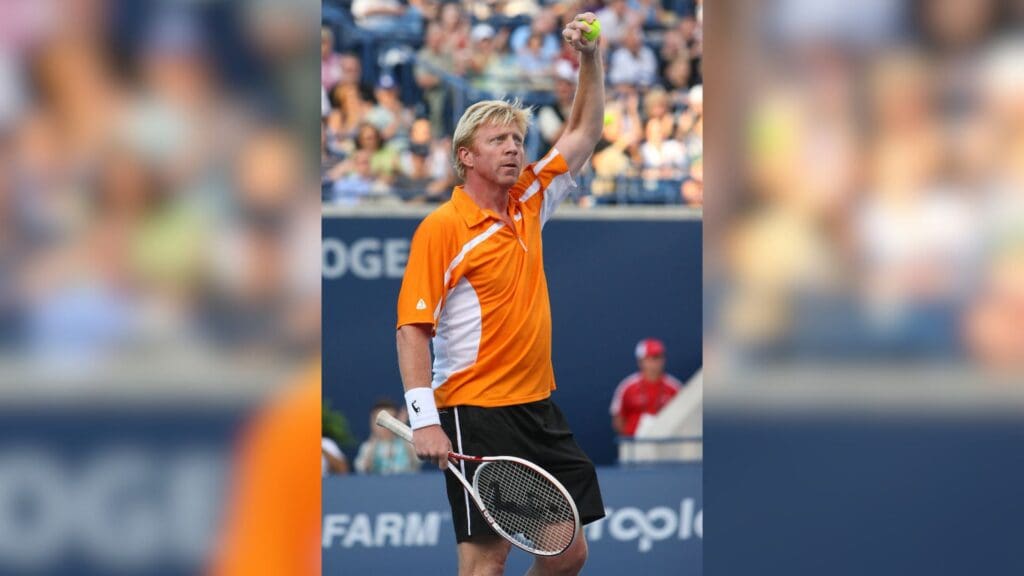 Jul 21, 2008; Toronto, ON, Canada; Boris Becker (GER) celebrates a point against Daniel Nestor (CAN) (not pictured) during their exhibition match during the Rogers Cup at the Rexall Centre in Toronto, ON.