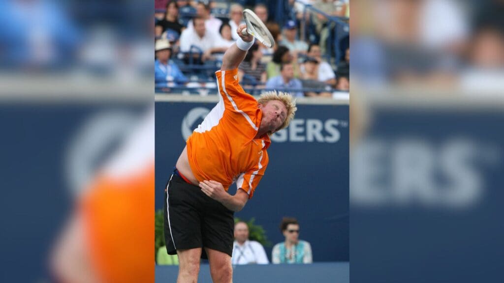 Jul 21, 2008; Toronto, ON, Canada; Boris Becker (GER) serves against Daniel Nestor (CAN) (not pictured) during their exhibition match during the Rogers Cup at the Rexall Centre in Toronto, ON.