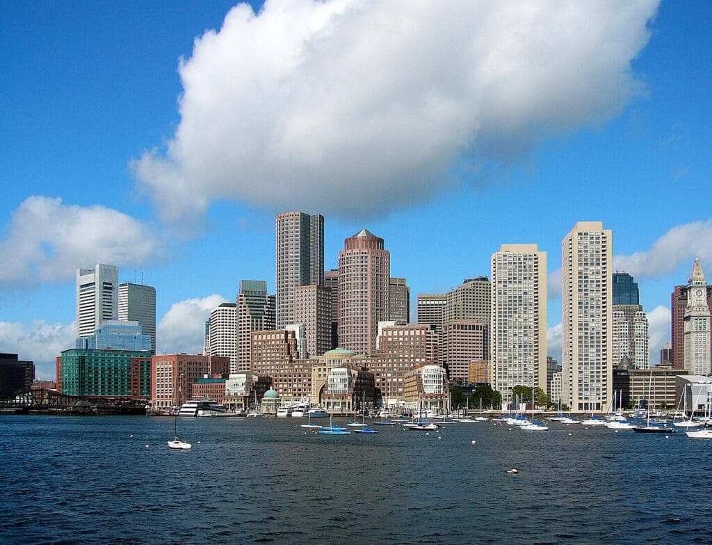 Skyline of Boston. Picture was taken from a whale watching ferry that left from the aquarium dock. It is the Eastern side of the Boston peninsula.