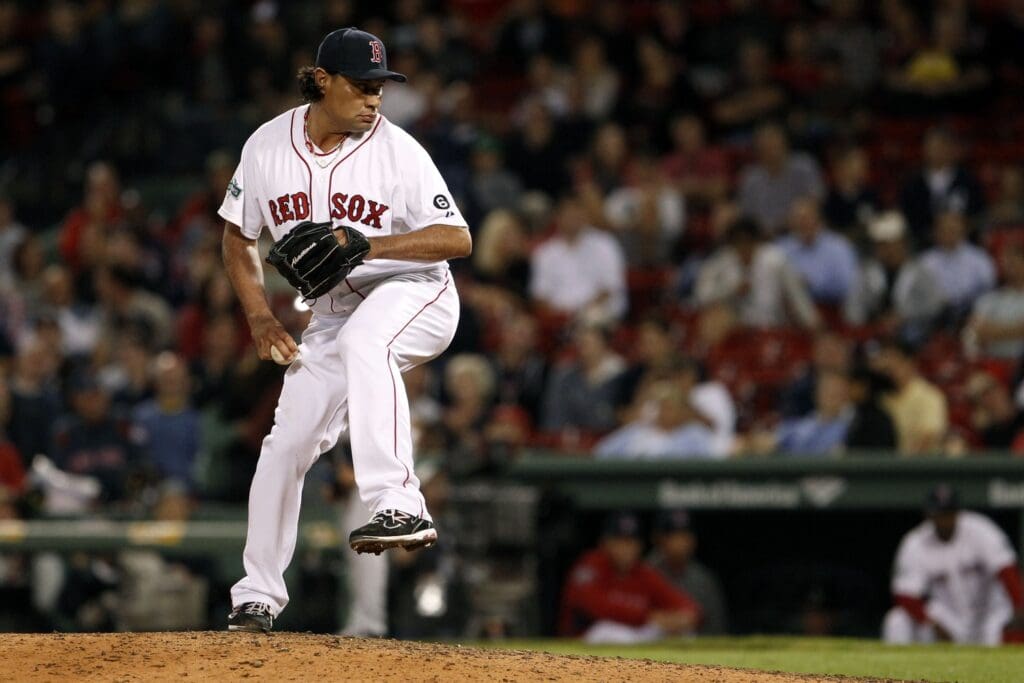Sep 12, 2012; Boston, MA, USA; Boston Red Sox relief pitcher Vicente Padilla (44) throws a pitch against the New York Yankees during the ninth inning at Fenway Park. The New York Yankees defeated the Boston Red Sox 5-4. 