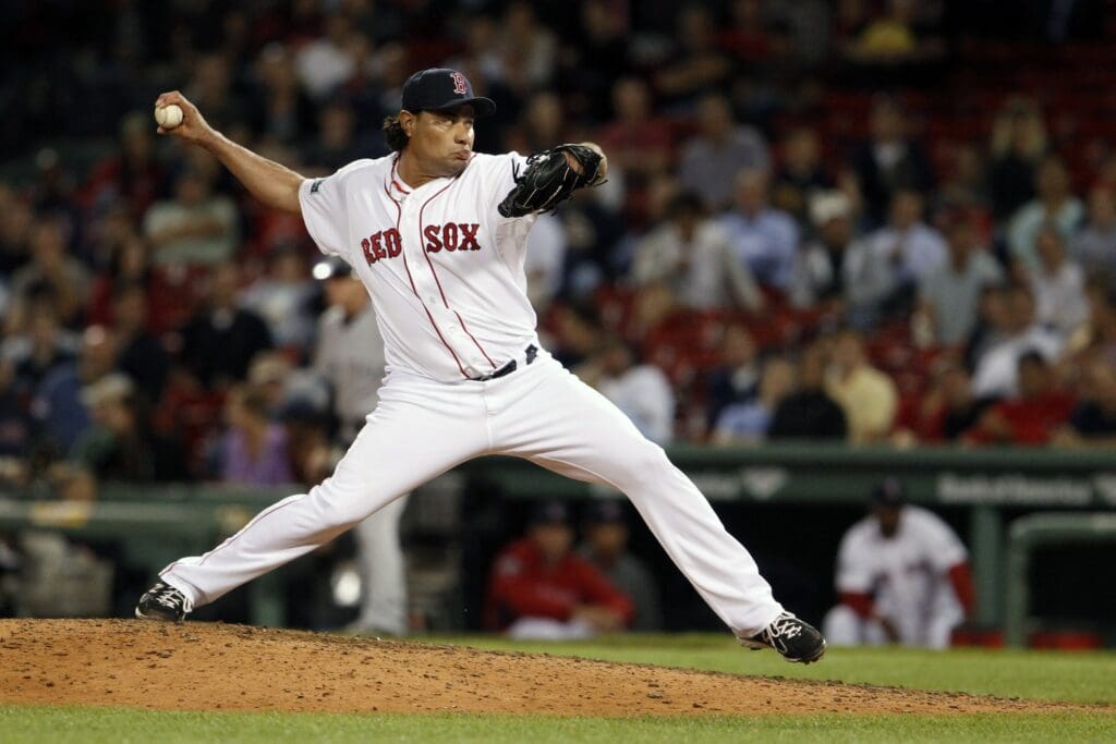 Sep 12, 2012; Boston, MA, USA; Boston Red Sox relief pitcher Vicente Padilla (44) throws a pitch against the New York Yankees during the ninth inning at Fenway Park. The New York Yankees defeated the Boston Red Sox 5-4.