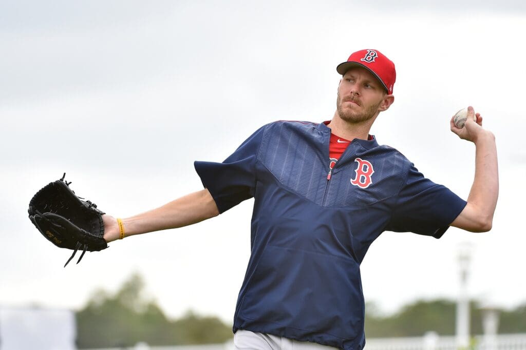 Feb 13, 2017; Lee County, FL, USA; Boston Red Sox starting pitcher Chris Sale (41) plays long toss during reporting day for pitchers and catchers at JetBlue Park. 