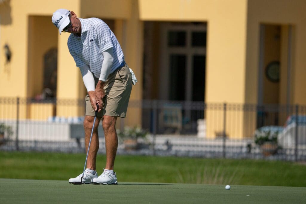Brad Faxon putts his ball on the first green during the Chubb Classic Pro Am, Wednesday, April 14, 2021, at the Tiburon Golf Club in North Naples. Ndn 0413 Ja Chubb Classic 07