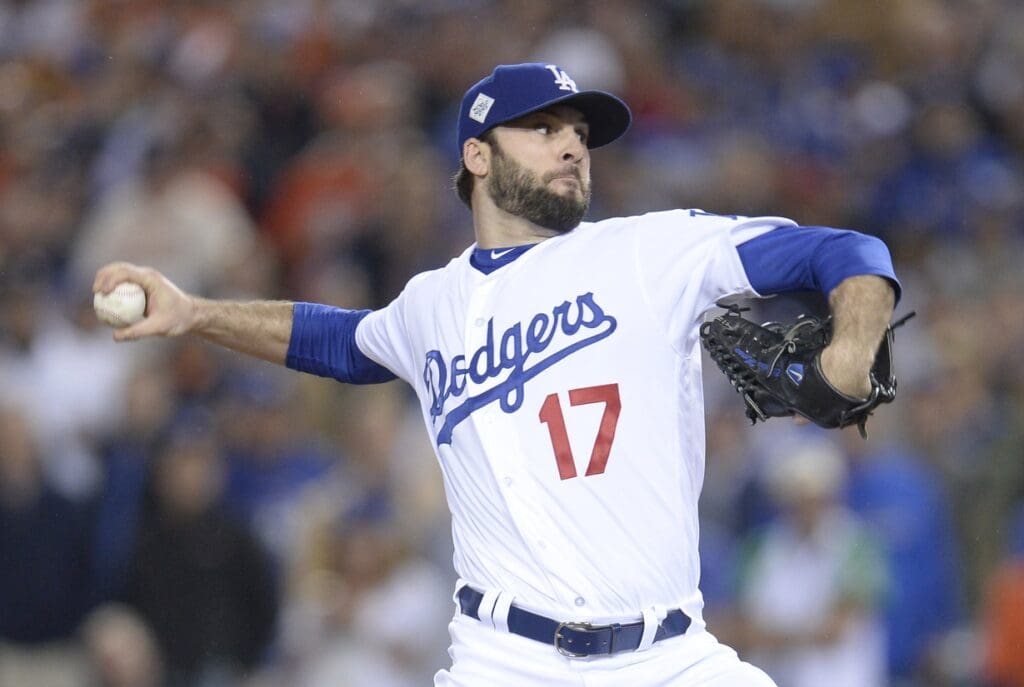Oct 31, 2017; Los Angeles, CA, USA; Los Angeles Dodgers relief pitcher Brandon Morrow throws a pitch against the Houston Astros in the fifth inning in game six of the 2017 World Series at Dodger Stadium