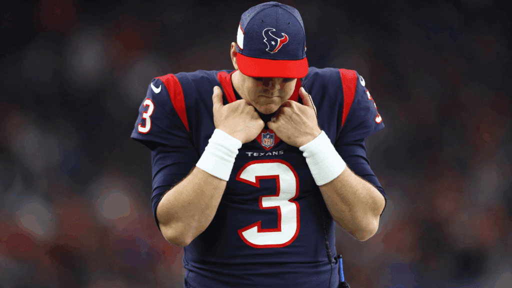 Jan 5, 2019; Houston, TX, USA; Houston Texans quarterback Brandon Weeden (3) reacts against the Indianapolis Colts in the AFC Wild Card playoff football game at NRG Stadium.