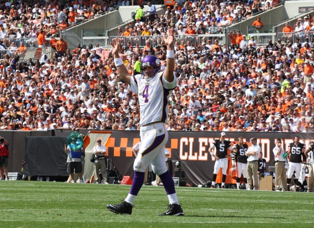 Sep 13, 2009; Cleveland, OH, USA; Minnesota Vikings quarterback Brett Favre (4) celebrates a second quarter touchdown against the Cleveland Browns at Cleveland Browns Stadium.