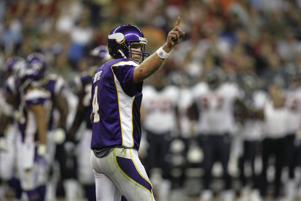 Aug 31, 2009; Houston, TX, USA; Minnesota Vikings quarterback Brett Favre (4) signals for a first down against the Houston Texans in the third quarter at Reliant Stadium. The Vikings defeated the Texans 17-10.