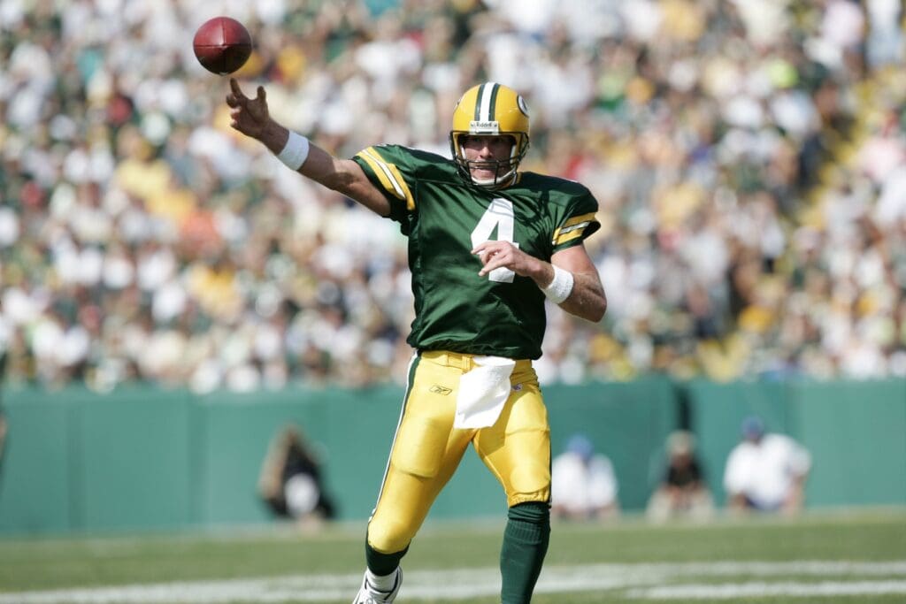 September 17, 2006; Green Bay, WI, USA; Green Bay Packers quarterback (4) Brett Favre throws a pass during the third quarter against the New Orleans Saints at Lambeau Field.