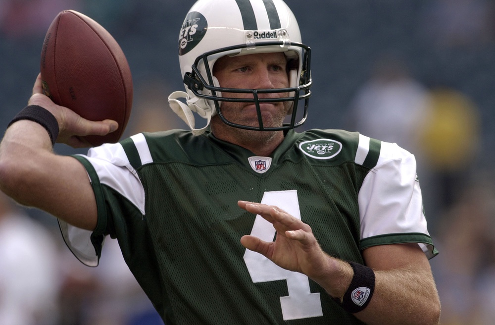August 28, 2008; Philadelphia, PA USA; New York Jets quarterback Brett Favre (4) during pre-game warmups against the Philadelphia Eagles at Lincoln Financial Field.