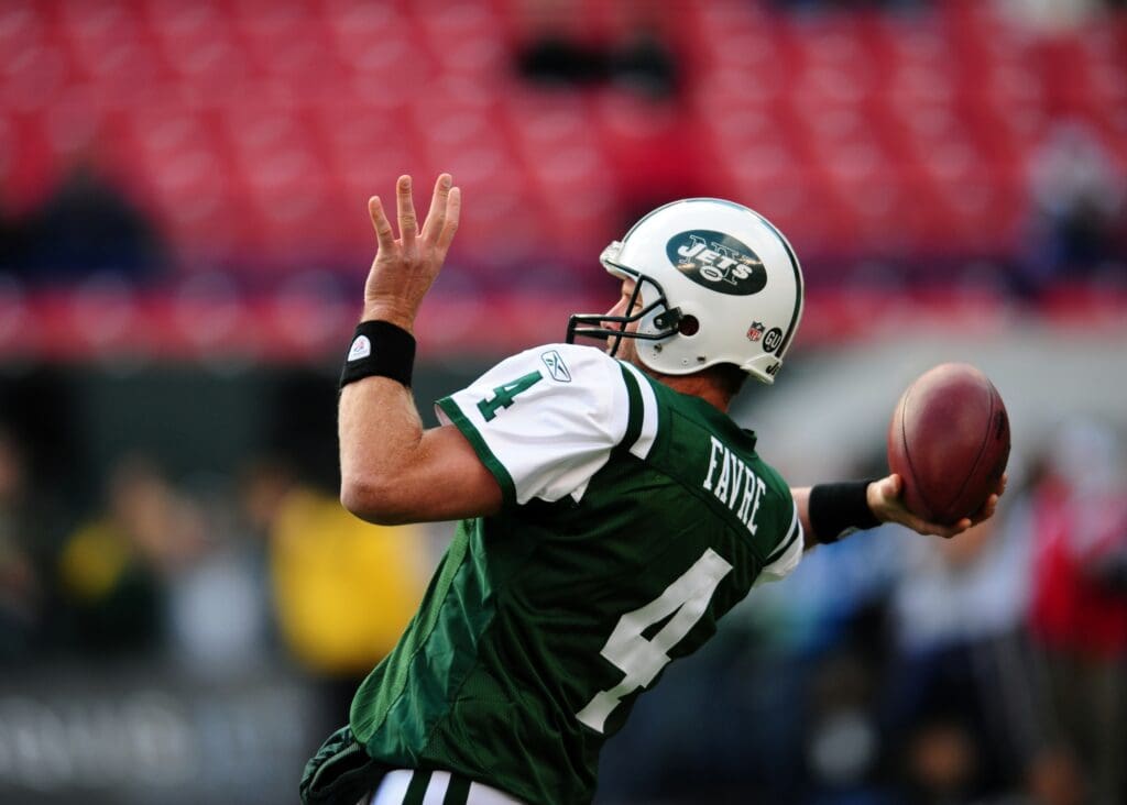 Nov 9, 2008; East Rutherford, NJ, USA; New York Jets quarterback Brett Favre (4) before the game against the St. Louis Rams at Giants Stadium.