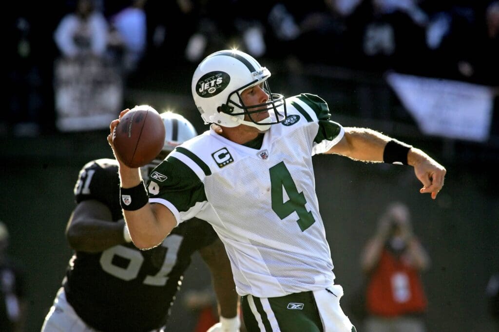 Oct. 19, 2008; Oakland, CA, USA; New York Jets quarterback Brett Favre (4) prepares to release the ball while throwing a pass against the Oakland Raiders in the fourth quarter at Oakland-Alameda County Coliseum in Oakland, CA. The Raiders defeated the Jets 16-13.