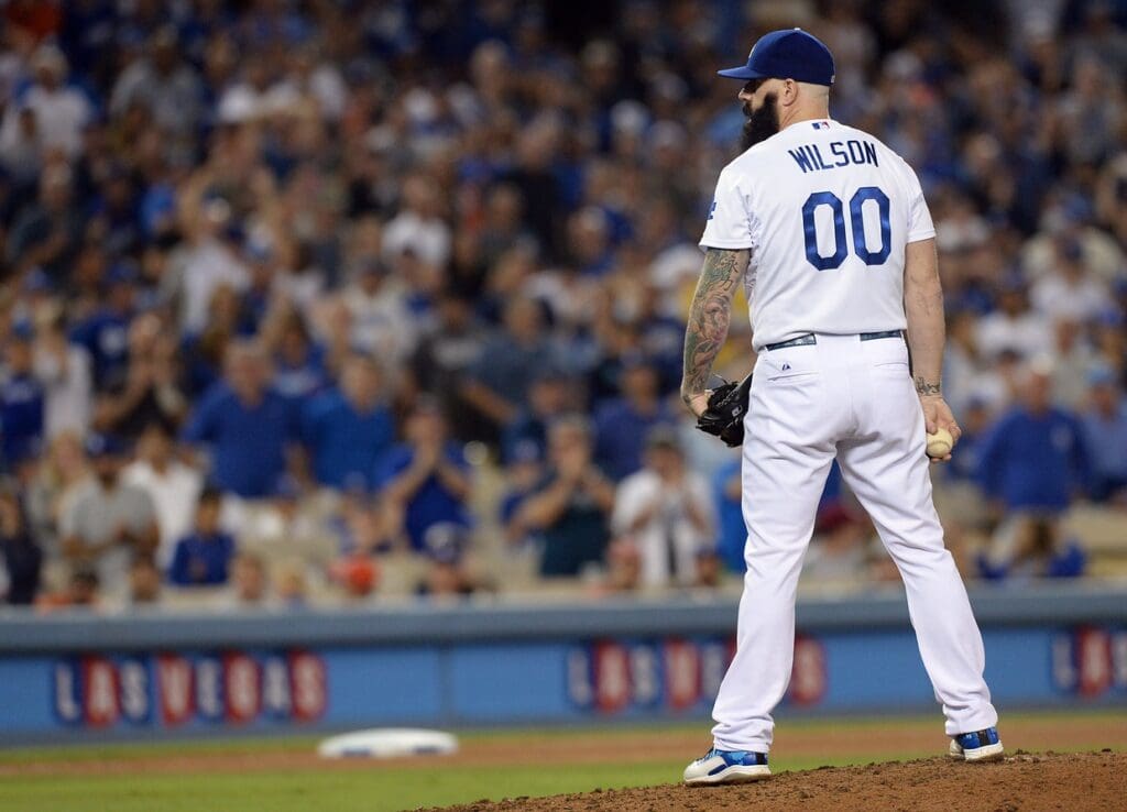 Sep 22, 2014; Los Angeles, CA, USA; Los Angeles Dodgers relief pitcher Brian Wilson (00) in the eighth inning of the game against the San Francisco Giants at Dodger Stadium.