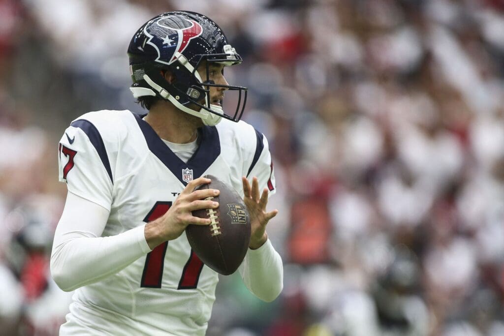 Sep 11, 2016; Houston, TX, USA; Houston Texans quarterback Brock Osweiler (17) looks for an open receiver during the first quarter against the Chicago Bears at NRG Stadium.