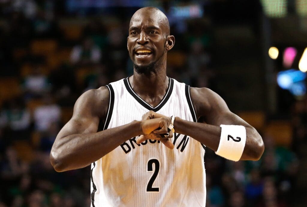 Oct 29, 2014; Boston, MA, USA; Brooklyn Nets center Kevin Garnett (2) during the first quarter against the Boston Celtics at TD Garden.