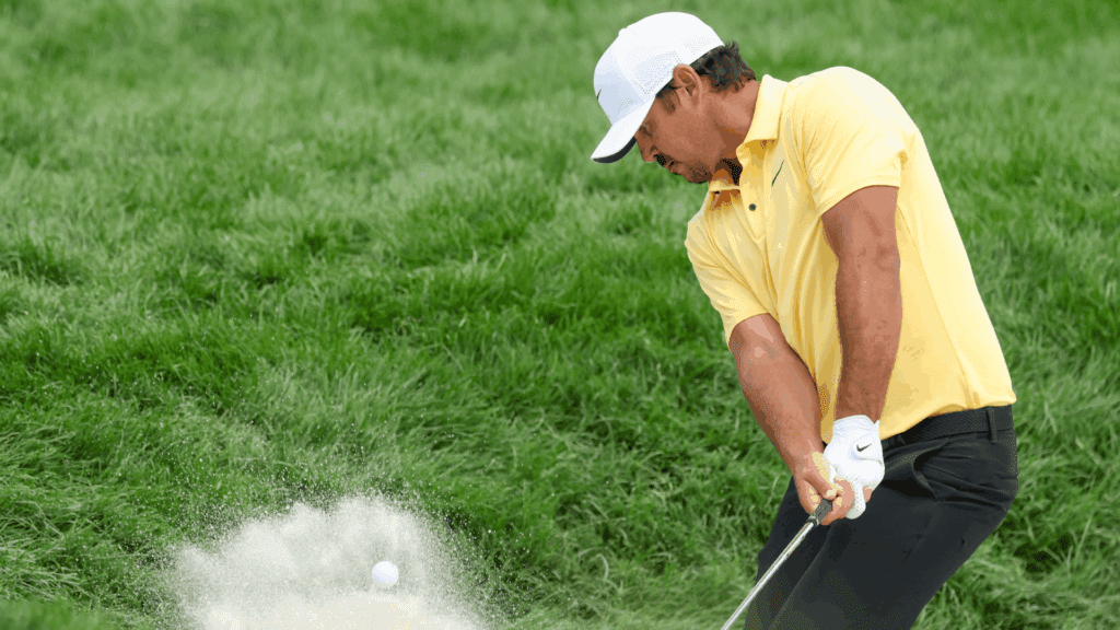 Jun 13, 2025; Oakmont, Pennsylvania, USA; Brooks Koepka plays a shot from a bunker on the second hole during the second round of the U.S. Open golf tournament.
