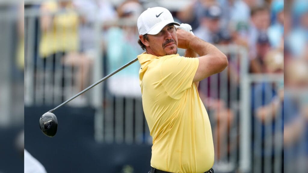 Jun 13, 2025; Oakmont, Pennsylvania, USA; Brooks Koepka plays his shot from the third tee during the second round of the U.S. Open golf tournament.