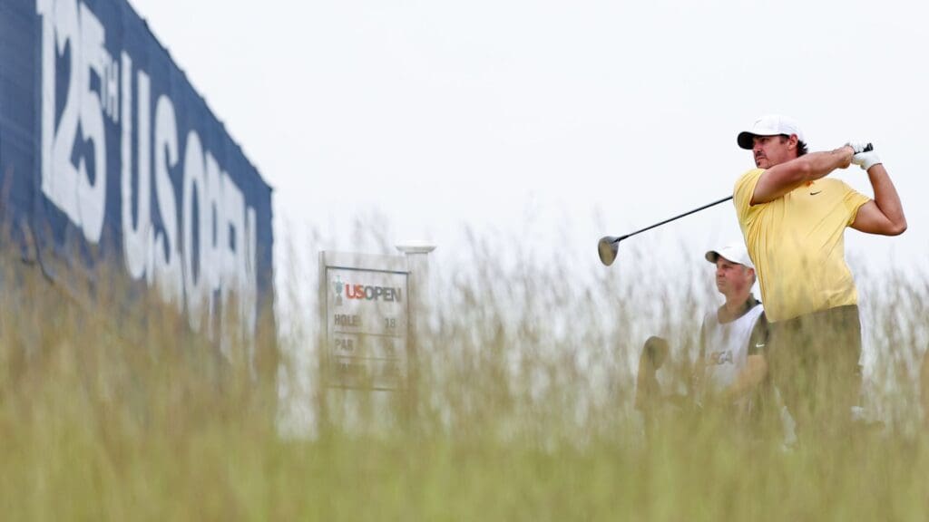 Jun 13, 2025; Oakmont, Pennsylvania, USA; Brooks Koepka plays his shot from the 18th tee during the second round of the U.S. Open golf tournament.