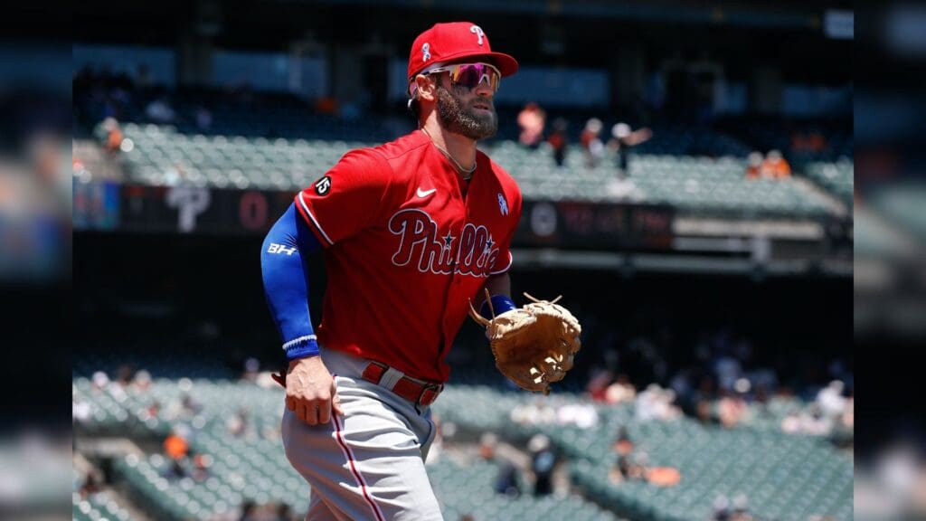 Jun 20, 2021; San Francisco, California, USA; Philadelphia Phillies right fielder Bryce Harper (3) jogs on the field before the game against the San Francisco Giants at Oracle Park.